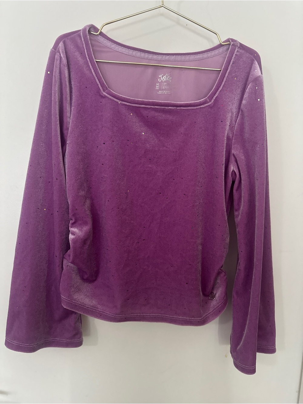 Justice Girls Purple Velvet Sparkle Square Neck Flare Sleeve Top Size 10